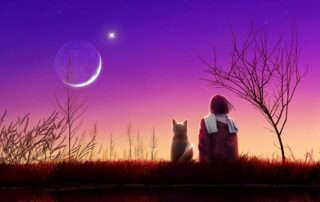 Person sitting beside a dog under a starry sky and crescent moon, symbolizing kindness, loyalty, and enduring goodness