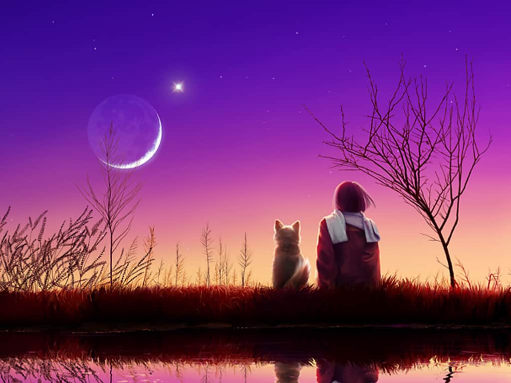 Person sitting beside a dog under a starry sky and crescent moon, symbolizing kindness, loyalty, and enduring goodness