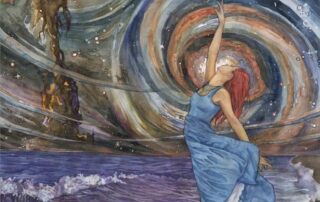 Woman standing at the shoreline reaching toward swirling cosmic patterns, symbolizing manifesting through allowing and alignment with creative forces