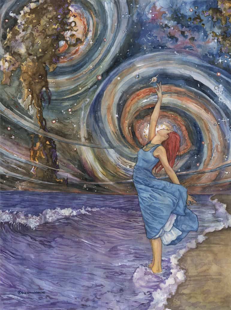Woman standing at the shoreline reaching toward swirling cosmic patterns, symbolizing manifesting through allowing and alignment with creative forces