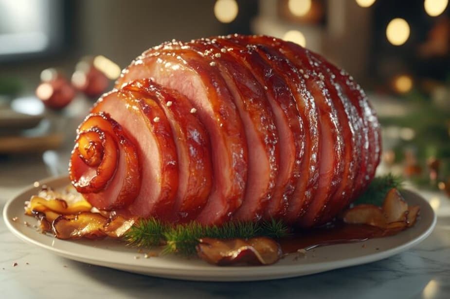 Whole ginger glazed ham inspired by Nigella Lawson, baked with ginger preserves, mustard, and brown sugar, served on a platter