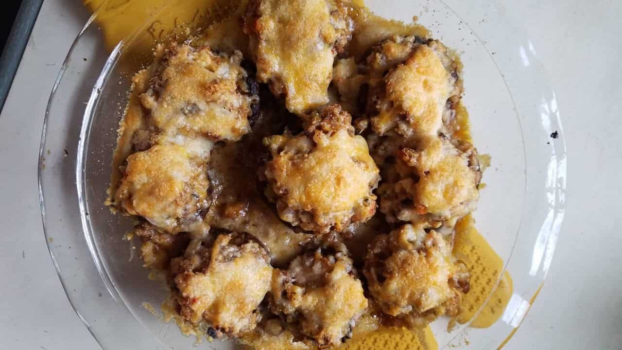 Homemade seafood stuffed mushrooms with melted cheese, inspired by Red Lobster