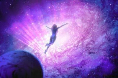 Person floating upward during astral projection surrounded by cosmic light and space energy