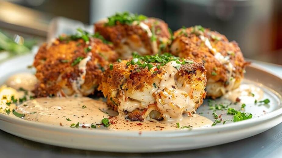 Golden crab cakes made with lots of crab meat, served with a creamy sauce