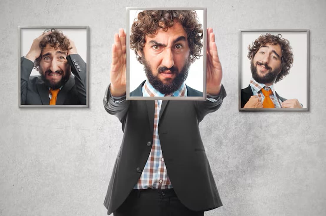 A man frames his face in different confused expressions, symbolizing emotional turbulence on the path toward mindfulness and healing.