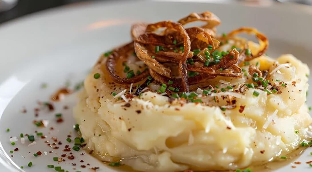 Caramelized onion mashed potatoes topped with crispy onions, cheese, bacon, chives, and melted butter.