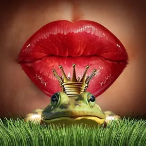 Symbolic image of lips and frog prince representing dating myths and finding Mr. Right