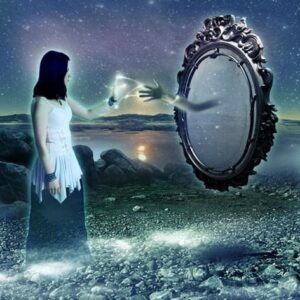 Person facing a glowing mirror in a dreamlike landscape, symbolizing different kinds of dreams and self-reflection