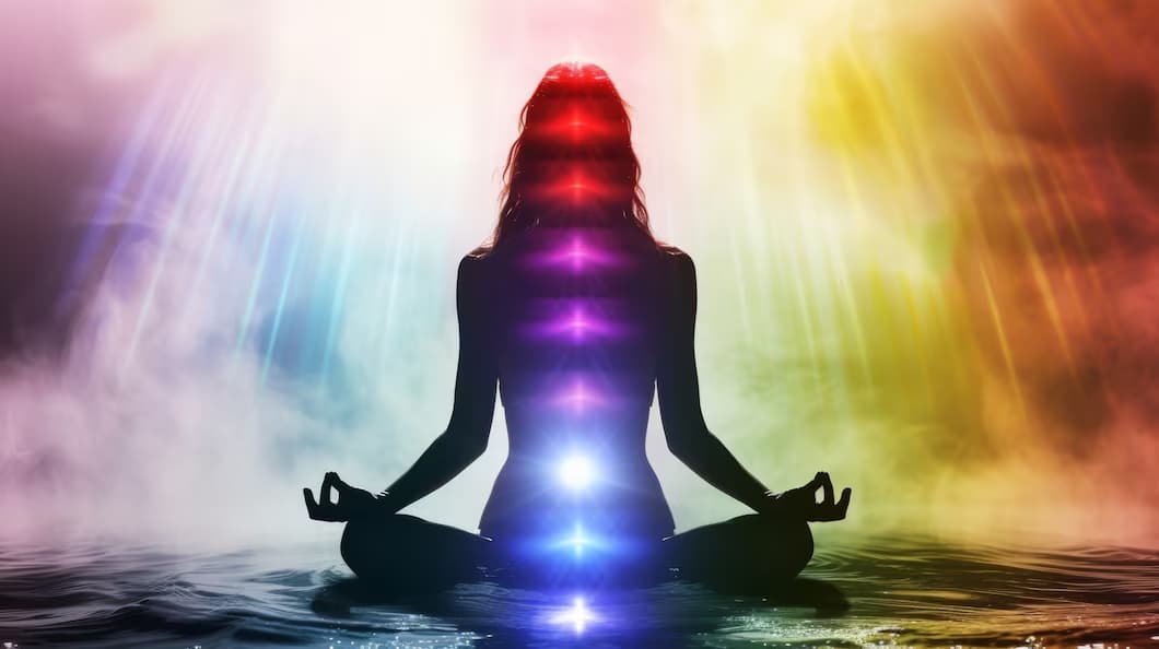 Silhouette meditating with illuminated chakras — representing distance energy healing, chakra balancing, and reiki energy alignment.