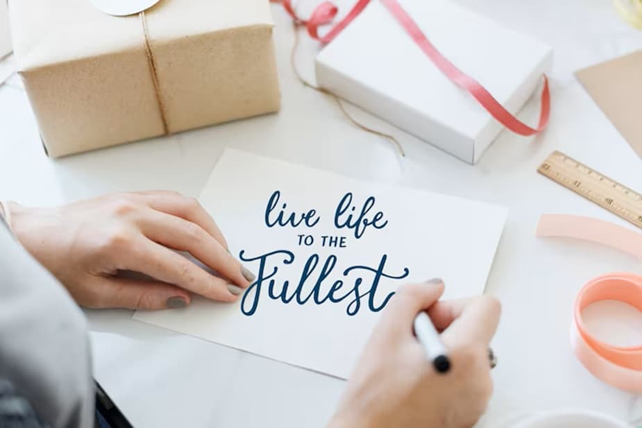 Hands surrounded by gist writing the words “live life to the fullest,” symbolizing gratitude, purpose, and embracing life as a gift