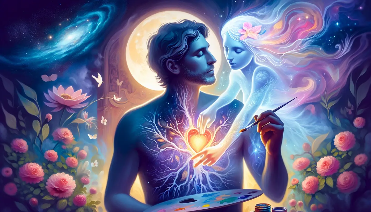 Illustration of a man connecting with his spirit guide through divine light, symbolizing finding and meeting your spirit guides and spiritual communication.