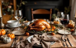 A beautifully set Thanksgiving table with a golden roasted turkey, candles, pumpkins, and wine, symbolizing gratitude and togetherness.