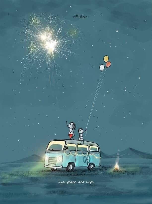 Illustration of two figures on a van under fireworks holding balloons, symbolizing innocence, joy, and the enduring spirit of childhood wonder.