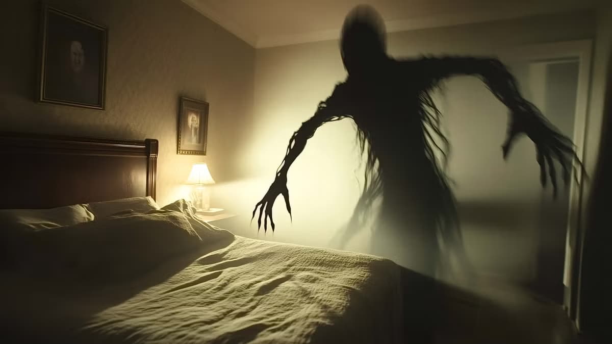 Dark shadow figure appearing in a bedroom during sleep, symbolizing fear, nightmares, and night terrors