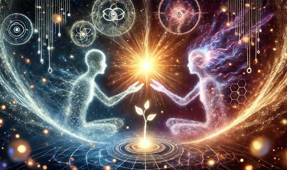 Two souls recognizing each other in divine energy exchange surrounded by cosmic light