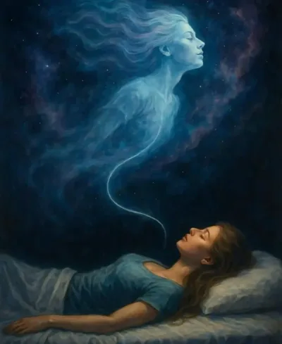 Woman’s soul leaving her body during the process of death symbolizing life after death