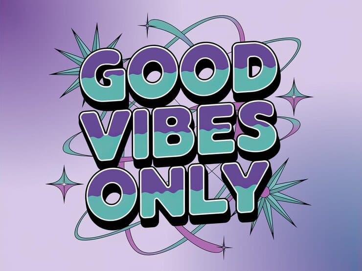 Colorful retro image with the phrase “Good Vibes Only,” symbolizing positivity, spiritual energy in the high vibe, and balance.