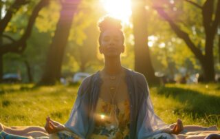 Person meditating outdoors in sunlight, symbolizing spirituality, inner bliss, and calm awareness
