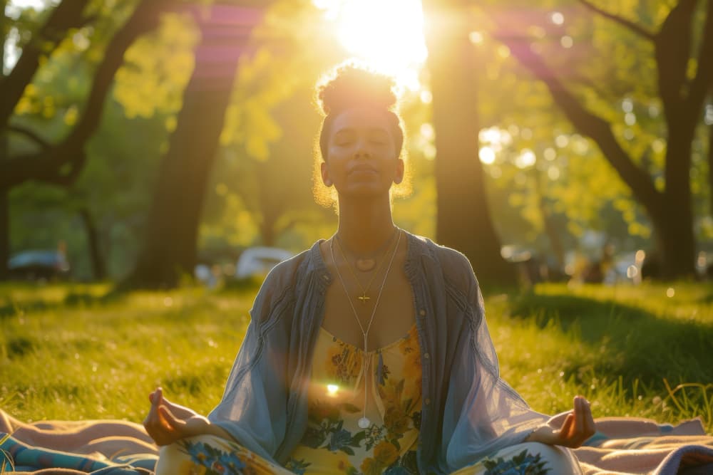 Person meditating outdoors in sunlight, symbolizing spirituality, inner bliss, and calm awareness