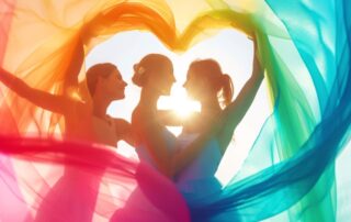 Three women forming a heart shape with flowing fabric, symbolizing love, unity, and a lesbian union celebration