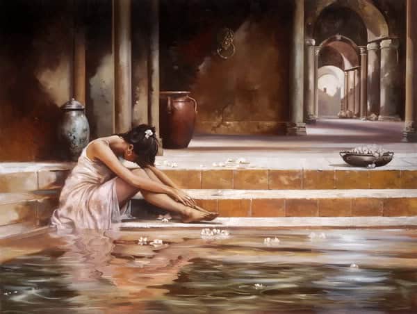 A woman sits peacefully beside a reflective pool surrounded by petals and sunlight, symbolizing happiness, awareness, and the harmony found in both joy and sorrow.