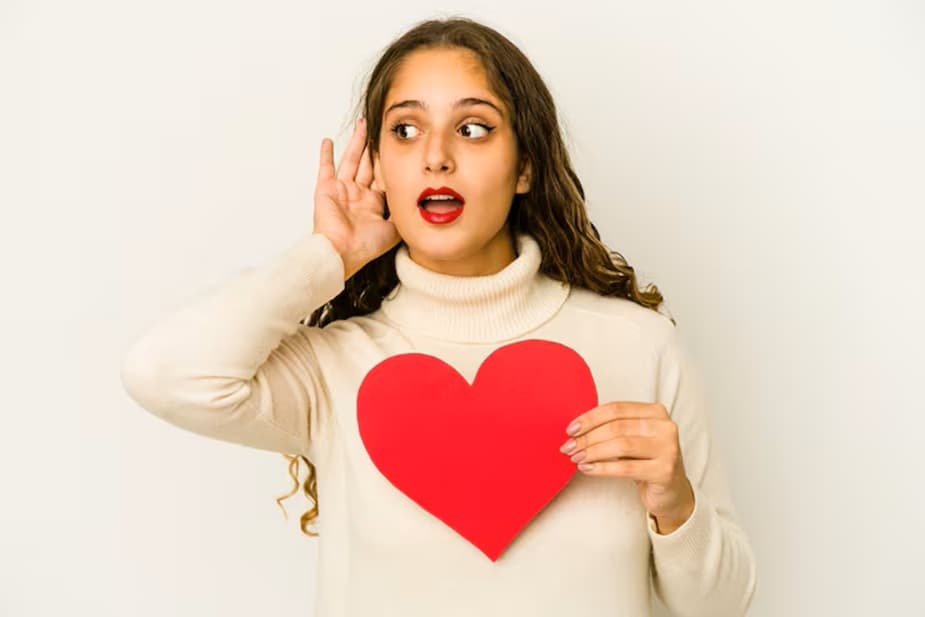 Woman holding a red heart and listening inwardly, symbolizing the heart speaking for the soul