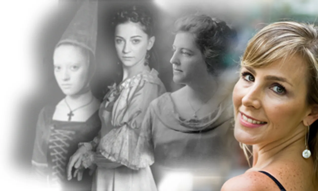 Past life readings illustration showing a woman connecting with her previous incarnations across different eras.