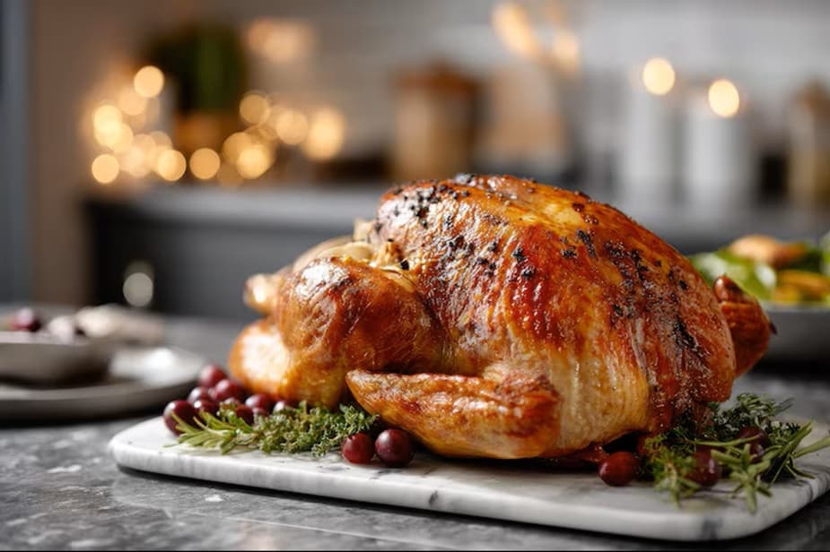 Golden roasted whole chicken served as part of a keto friendly dinner