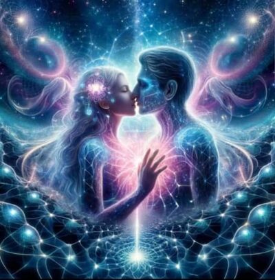 Spiritual artwork of two souls embracing in radiant cosmic light, symbolizing sacred soulmate relationships and divine union.