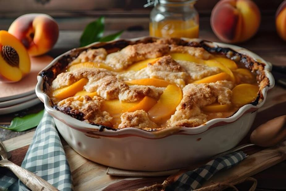 Southern Georgia peach cobbler made with fresh peaches and golden butter dough