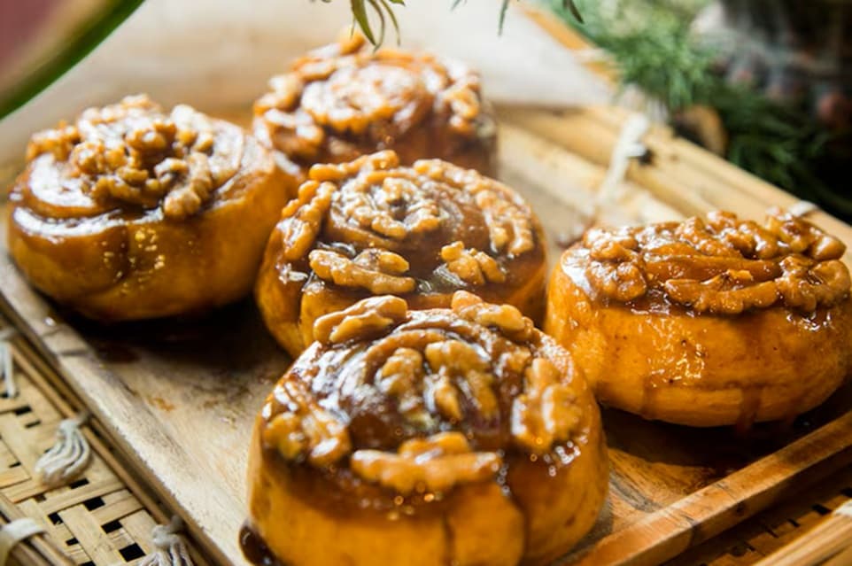 Southern pecan sticky buns with caramel glaze and toasted pecans