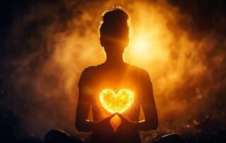 Silhouette of a woman meditating with a glowing heart at her center, symbolizing heartfelt communication and inner light.