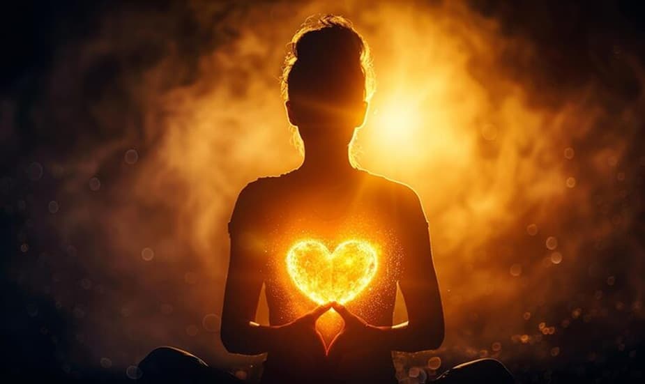 Silhouette of a woman meditating with a glowing heart at her center, symbolizing heartfelt communication and inner light.