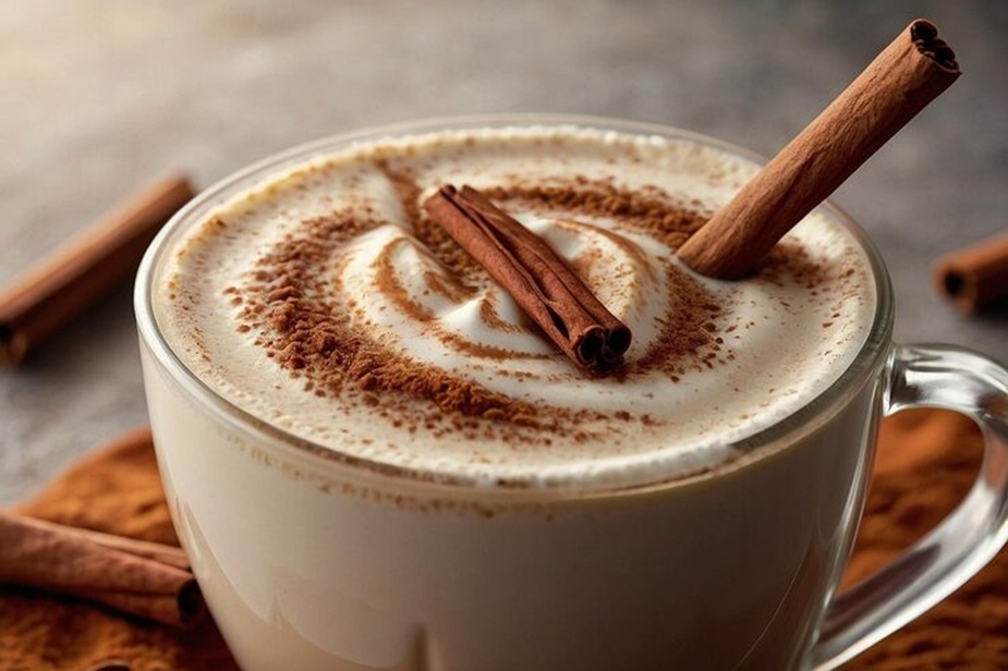 Starbucks-style cinnamon dolce latte with foamy milk and cinnamon topping