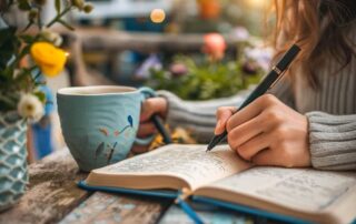 Person journaling outdoors at a rustic wooden table with a cup of tea and blooming flowers nearby, symbolizing mindfulness and self-reflection through writing.