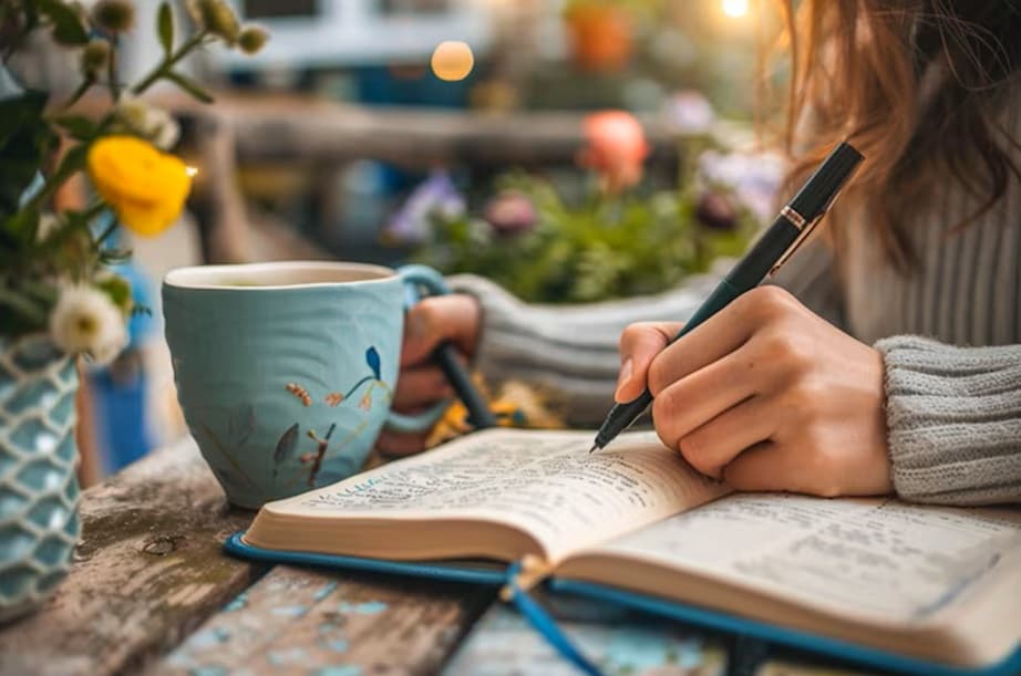 Person journaling outdoors at a rustic wooden table with a cup of tea and blooming flowers nearby, symbolizing mindfulness and self-reflection through writing.