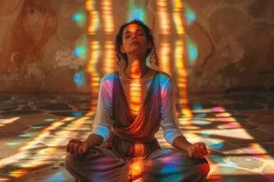 Woman meditating in colorful light patterns symbolizing third eye opening, intuitive awakening, and spiritual balance.