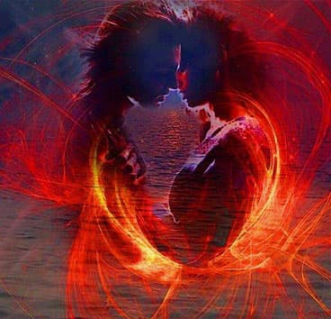 Twin flames embracing in spiritual connection surrounded by red cosmic energy