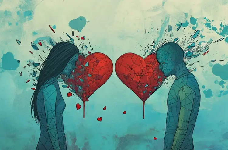 Two souls facing one another with shattered red hearts between them, symbolizing the emotional lessons, pain, and transformation of karmic relationships and karmic love.