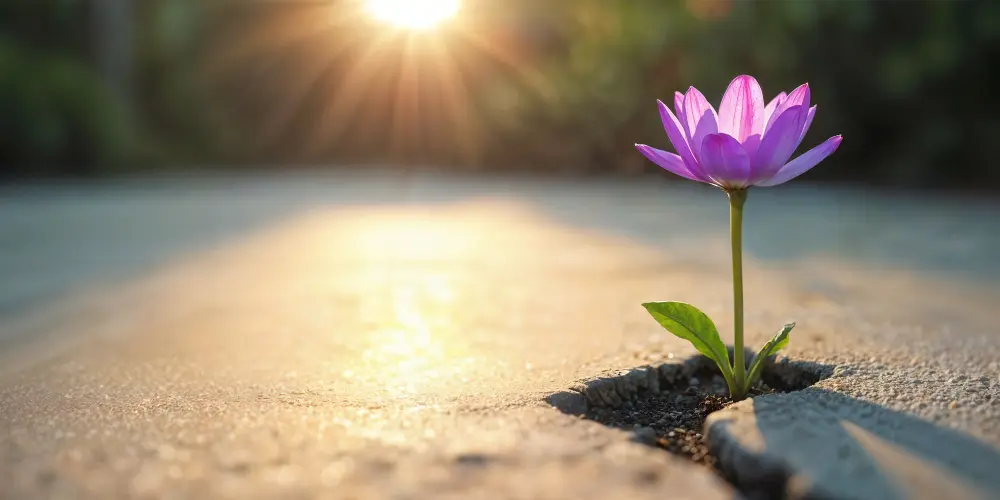 Purple lotus flower blooming through concrete under warm sunlight symbolizing spiritual growth and resilience